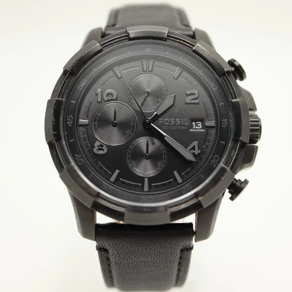 Fossil Dean Men's All Black Chronograph 45mm Watch Leather FS5133 w New Battery